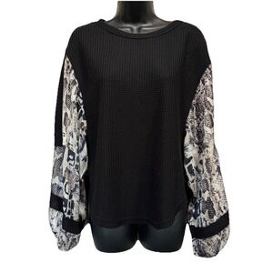 Andree' By Unit Black/Gray Waffle Knit Long‎ Chiffon Snake Sleeves Blouse Size M